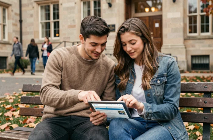 Deux étudiants consultant ensemble un site de recherche d'alternance sur une tablette en extérieur sur un campus universitaire