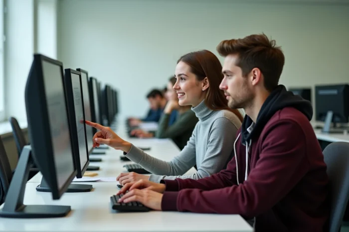 Deux étudiants consultant ensemble le portail numérique Léo UGA sur un ordinateur en salle informatique de l'Université Grenoble Alpes