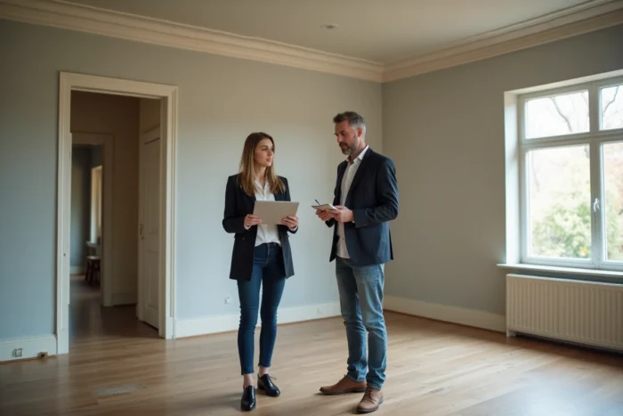 Deux professionnels évaluant l'intérieur d'une maison vide pour estimer sa valeur avec tablette et notes
