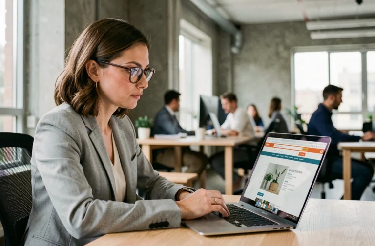 Professionnelle évaluant la réputation d'un service en ligne sur son ordinateur portable dans un bureau moderne