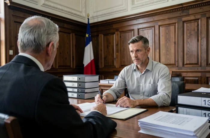 Expert comptable judiciaire témoignant lors d'une audience officielle devant un magistrat dans une salle d'audience