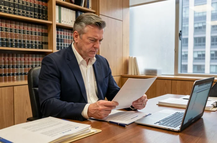 Expert judiciaire comptable examinant des documents financiers dans un bureau juridique formel