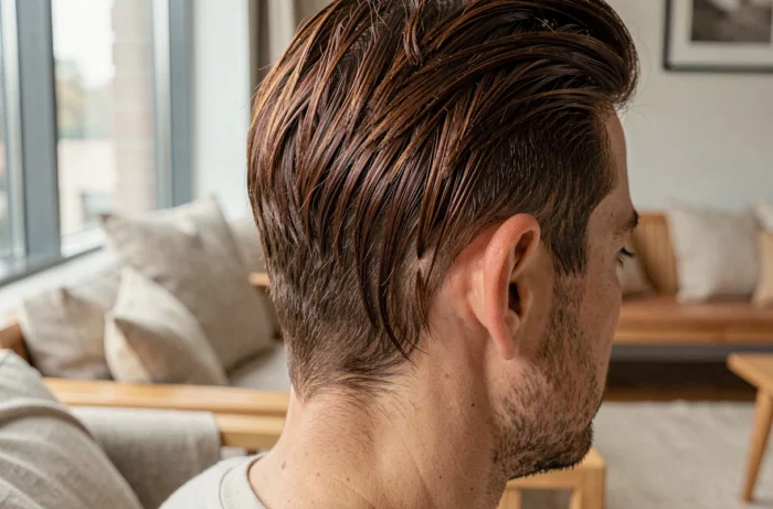 Gros plan sur des extensions de cheveux à la kératine sur cheveux naturels châtain auburn chez un homme