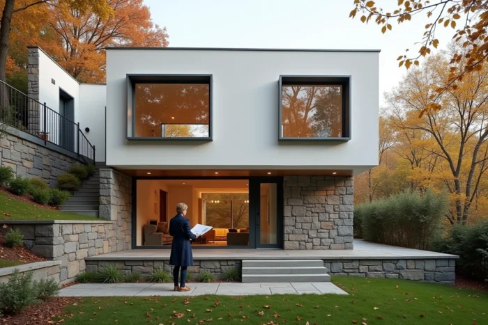 Façade extérieure d'une maison avec niveau semi-enterré visible intégré dans un terrain en pente