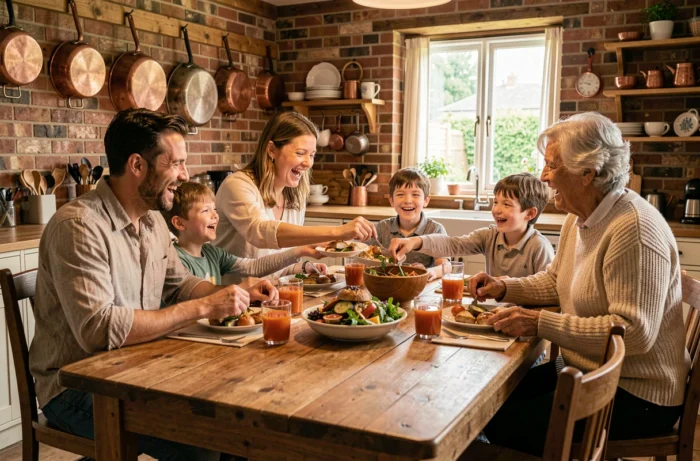 Famille multigénérationnelle partageant un repas convivial autour d'une grande table en bois dans une cuisine rustique chaleureuse