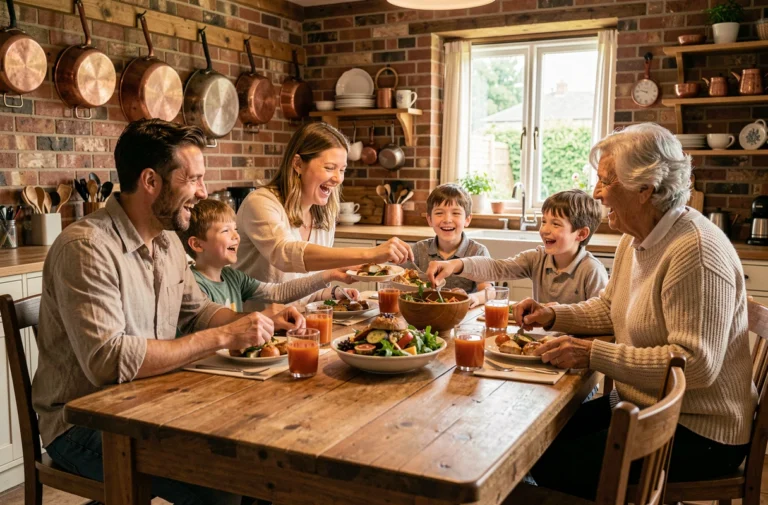 Famille multigénérationnelle partageant un repas convivial autour d'une grande table en bois dans une cuisine rustique chaleureuse