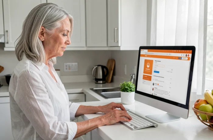Femme d'âge mûr accédant à sa boîte mail Orange depuis un ordinateur dans une cuisine moderne