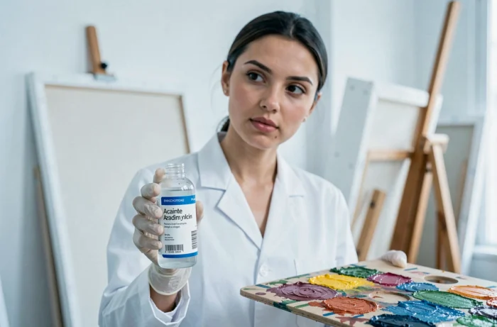 Jeune femme artiste portant des gants en nitrile tenant un flacon d'acétone à côté d'une palette de peinture à l'huile dans un atelier lumineux
