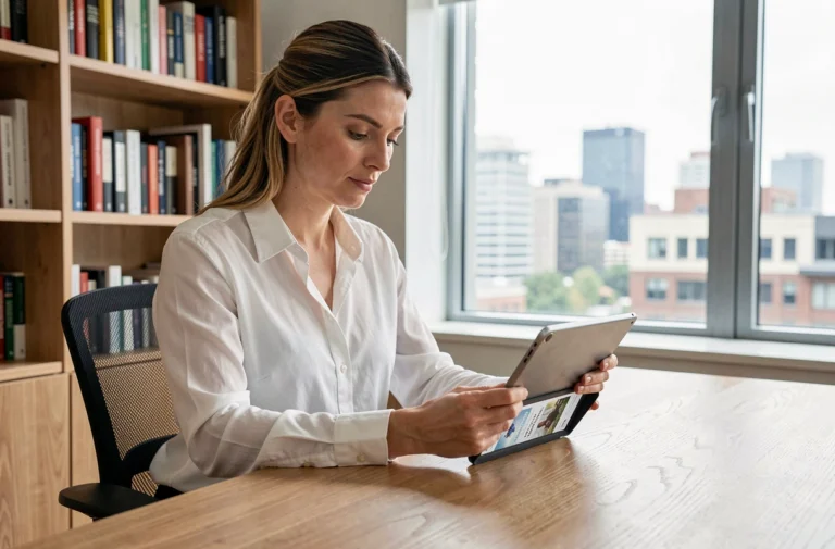 Femme concentrée lisant les actualités du jour sur une tablette dans un bureau moderne à domicile
