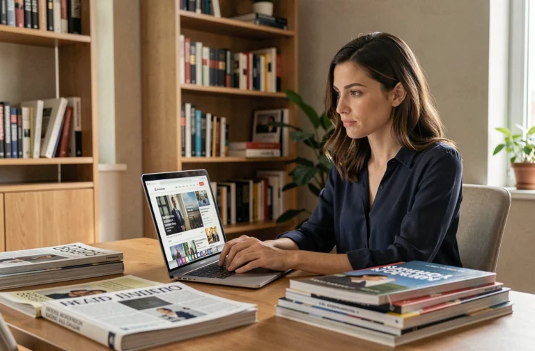 Femme consultant un agrégateur d'actualités en ligne sur son ordinateur portable dans un bureau moderne