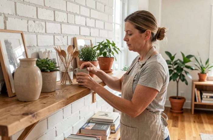 Femme aménageant une étagère en bois dans un salon décoré de style scandinave