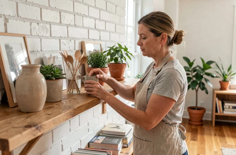 Femme aménageant une étagère en bois dans un salon décoré de style scandinave
