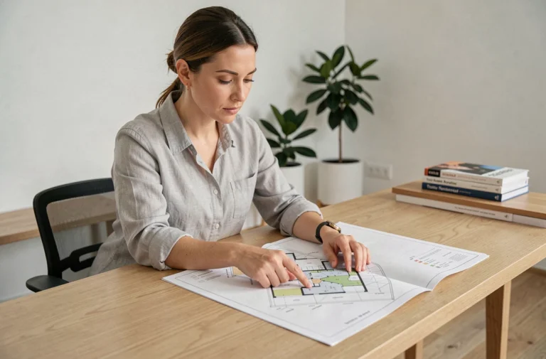 Femme analysant un plan de site structuré posé sur un bureau en bois dans un bureau moderne