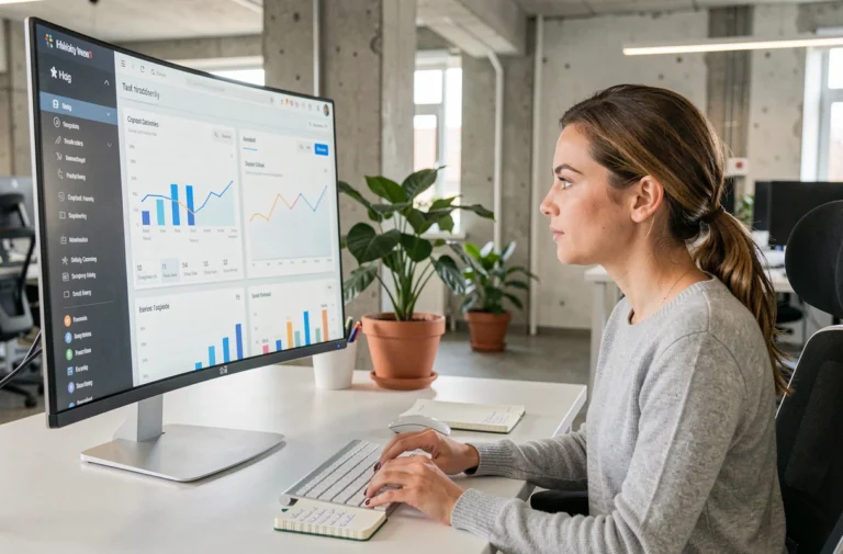 Professionnelle analysant des tableaux de bord SEO sur un grand écran dans un bureau moderne en 2024