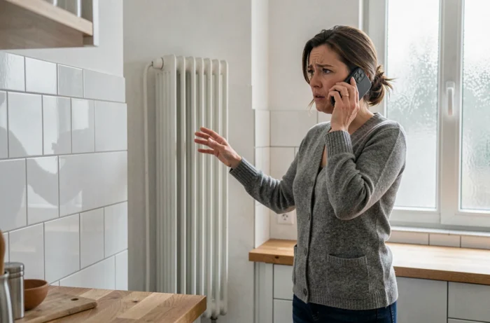 Femme appelant un dépanneur depuis sa cuisine après une panne de chauffage dans son appartement à Bruxelles