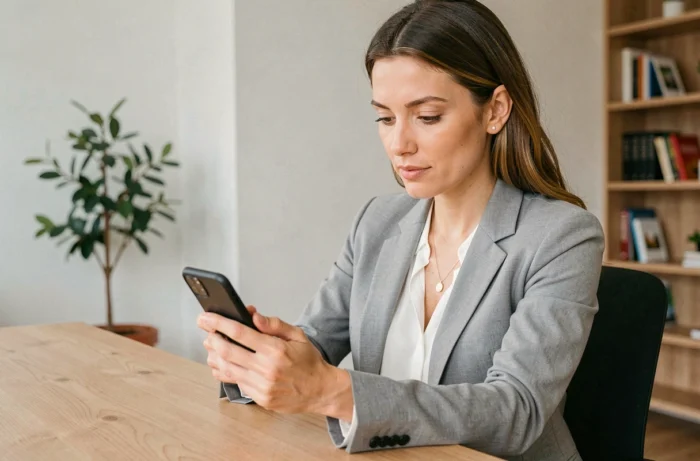 Femme d'affaires consultant une application bancaire innovante sur smartphone dans un bureau moderne