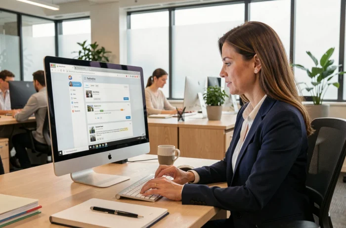 Femme professionnelle consultant sa messagerie Zimbra sur un ordinateur de bureau dans un bureau moderne
