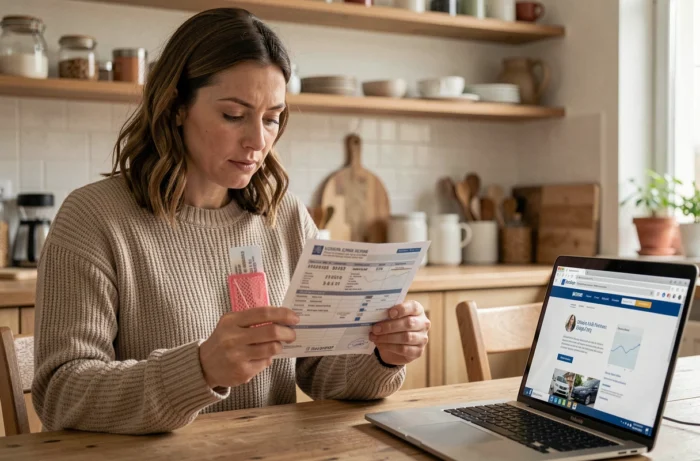 Femme consultant sa carte grise à la maison avant un changement d'adresse