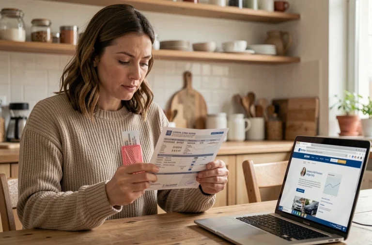 Femme consultant sa carte grise à la maison avant un changement d'adresse