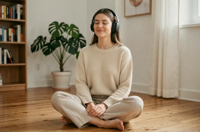 Femme écoutant de la musique avec un casque audio dans un appartement minimaliste, illustrant les bienfaits de la musique sur la santé mentale