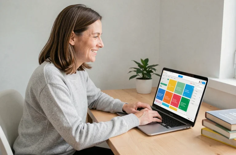 Femme créant un site internet professionnel sur un ordinateur portable avec un constructeur de site sans code dans un bureau à domicile