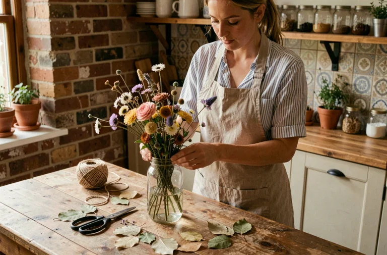 Femme arrangeant des fleurs séchées dans un bocal en verre recyclé sur une table en bois rustique, idée DIY créative pour décorer sa maison