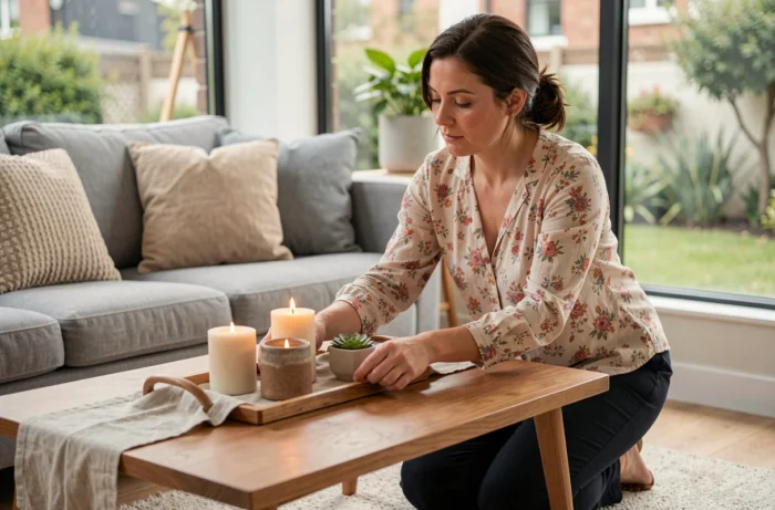 Femme décorant une table basse avec des bougies et une plante dans un salon moderne