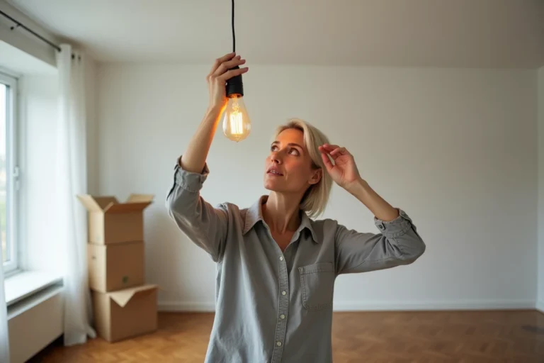 Femme qui dévisse une ampoule lors d'un déménagement dans un appartement vide
