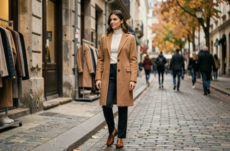 Femme élégante en manteau camel feuilletant des vêtements devant une boutique de mode sur une rue pavée européenne en automne