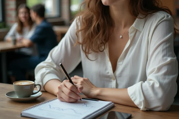 Femme entrepreneur prenant des notes sur son projet de side business dans un café urbain avec une application crypto sur smartphone