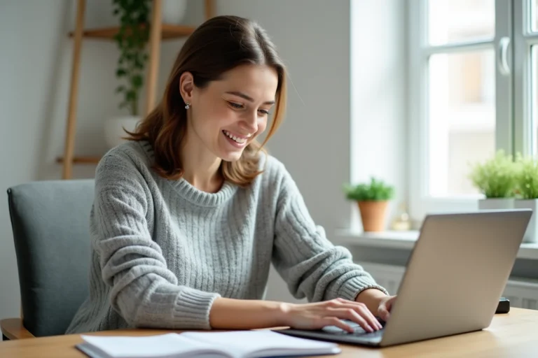 Femme accédant à son espace client MyFoncia sur un ordinateur portable dans un bureau à domicile