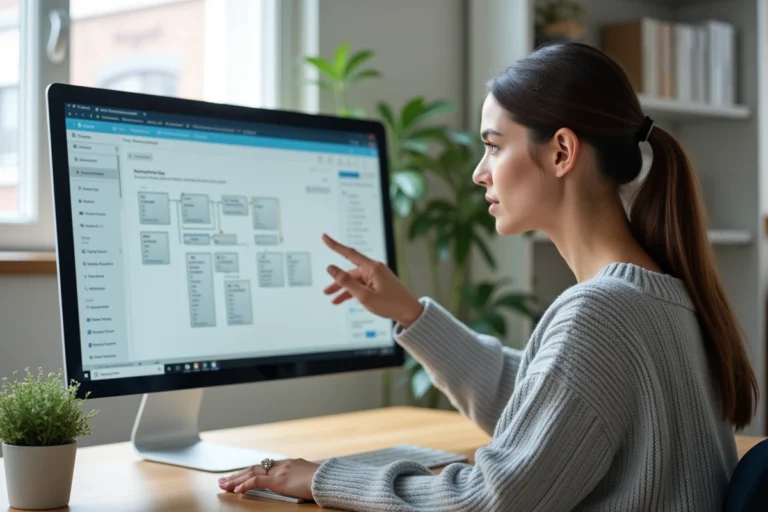 Femme explorant le sitemap d'un site web sur un grand écran d'ordinateur dans un bureau moderne