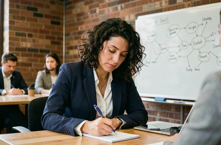 Femme professionnelle prenant des notes lors d'une formation sur mesure en co-working