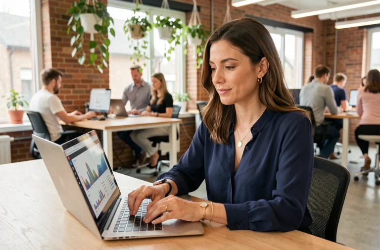 Femme professionnelle utilisant un ordinateur portable pour gérer des annonces en ligne dans un bureau moderne