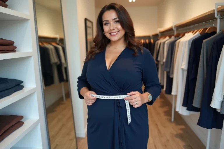 Femme grande taille avec un mètre ruban dans une boutique de mode, illustrant le guide des tailles XXL pour femme