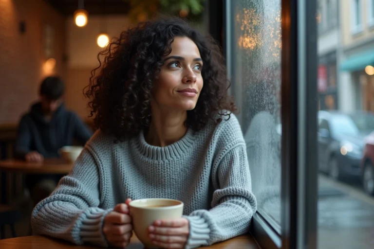 Femme au haut potentiel émotionnel assise seule dans un café, regard pensif tourné vers la fenêtre sous la pluie, illustrant l'hypersensibilité et la profondeur émotionnelle