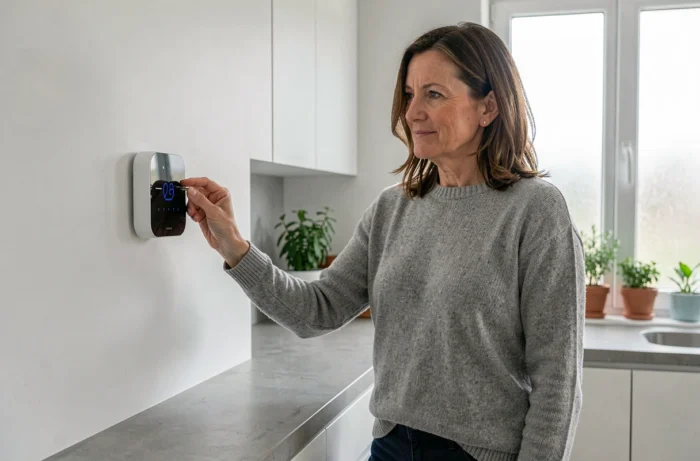 Femme interagissant avec un hub domotique intelligent dans une cuisine moderne épurée