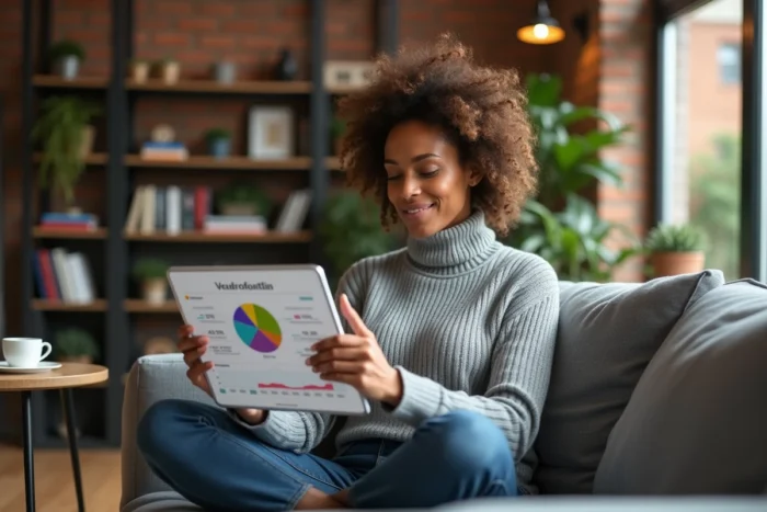 Femme investissant en cryptomonnaie et blockchain depuis son bureau à domicile sur tablette