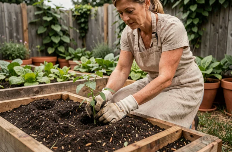 Femme jardinant dans un potager surélevé en bois, transplantant des plants de tomates dans une terre riche et sombre
