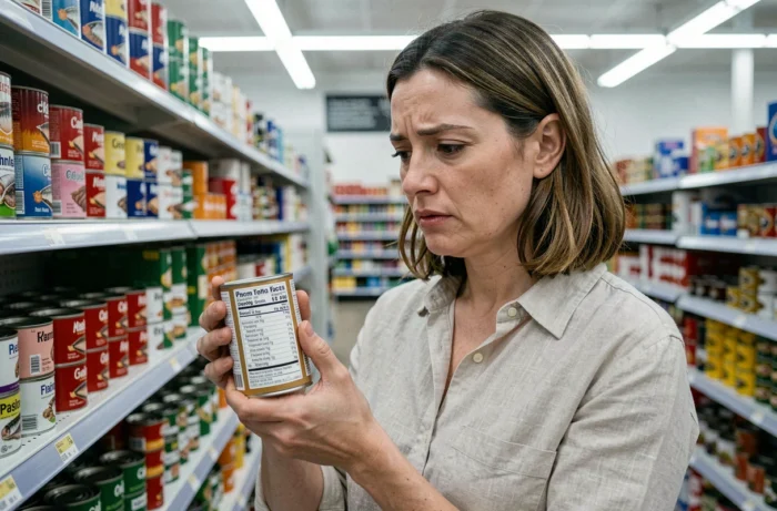 Femme lisant l'étiquette nutritionnelle d'une boîte de sardines en conserve dans un supermarché