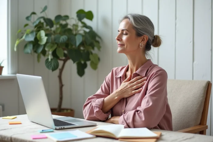 Femme mature au haut potentiel émotionnel dans son bureau à domicile, main sur le cœur et yeux fermés, illustrant la conscience émotionnelle profonde et l'introspection
