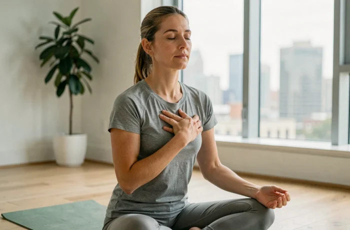 Femme en méditation sur un tapis de yoga dans un appartement moderne, illustrant le bien-être et la santé au quotidien