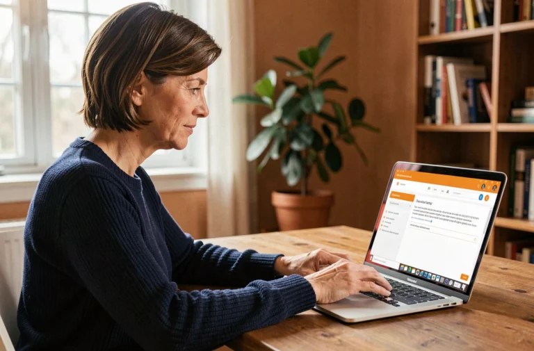 Femme accédant à sa messagerie Orange Mail sur un ordinateur portable dans un bureau à domicile