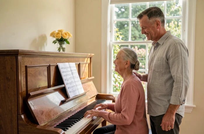 Femme âgée jouant du piano avec son mari pour célébrer leurs noces d'or en chanson