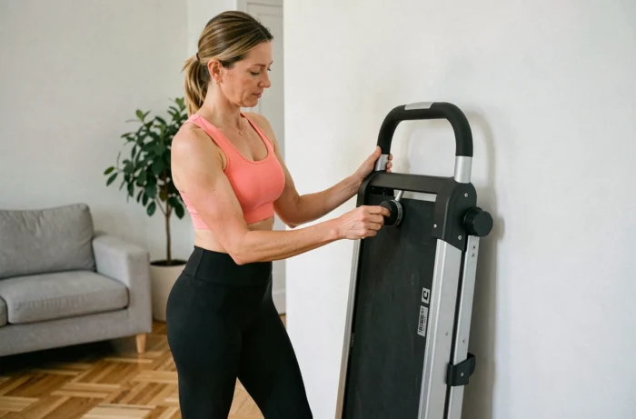 Femme inspectant le mécanisme de pliage du tapis de course Sportstech F37s Pro dans un appartement
