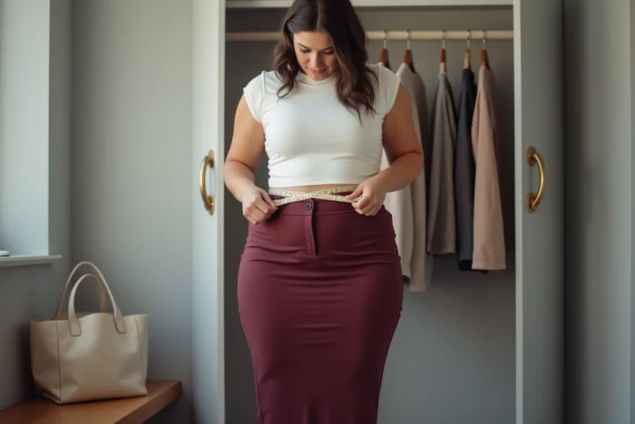 Femme prenant ses mesures de hanches dans une cabine d'essayage pour déterminer sa taille XXL exacte