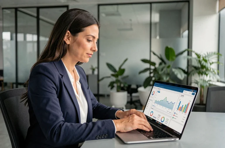 Femme professionnelle explorant une nouvelle plateforme numérique en 2026 sur un ordinateur portable dans un bureau moderne