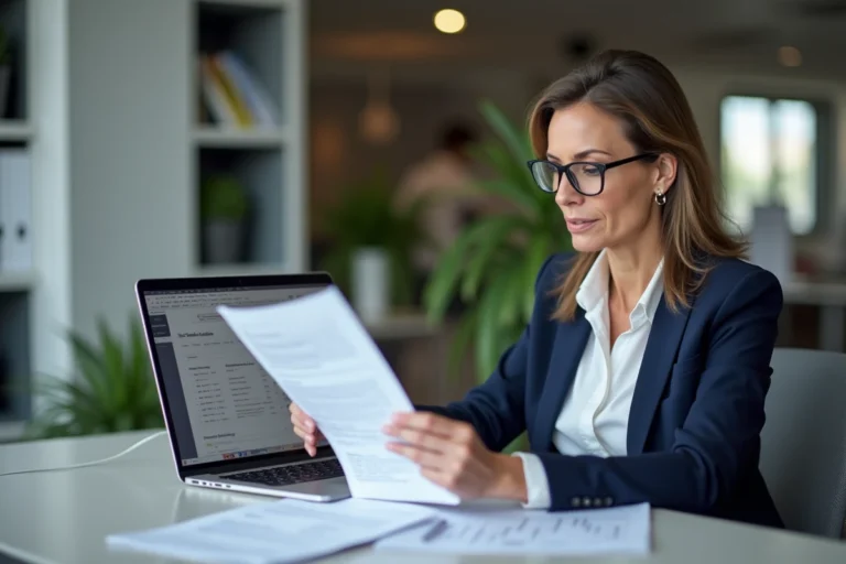 Femme professionnelle en costume marine révisant un template de devis sur ordinateur portable dans un bureau moderne