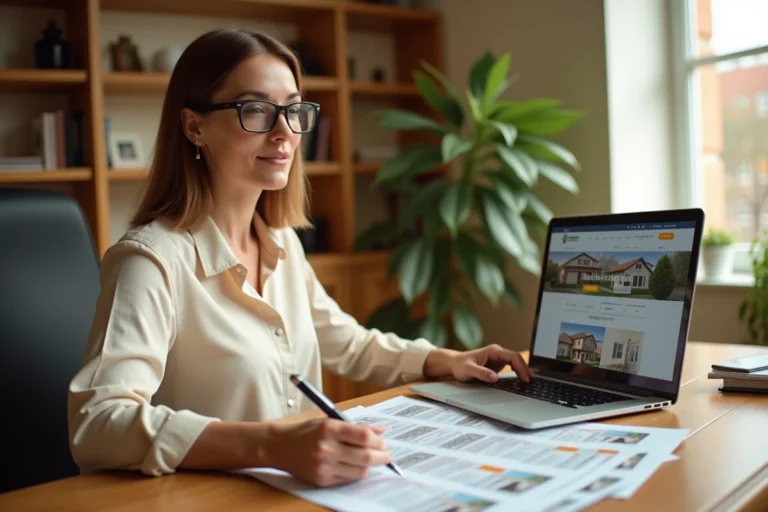 Femme consultant des annonces immobilières sur ordinateur et documents papier dans un bureau à domicile
