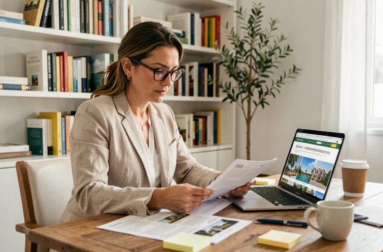 Femme consultant des annonces immobilières portugaises sur ordinateur portable dans un bureau à domicile